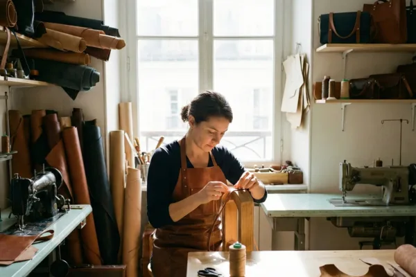 Leather craftsman working on a piece of calfskin in his workshop